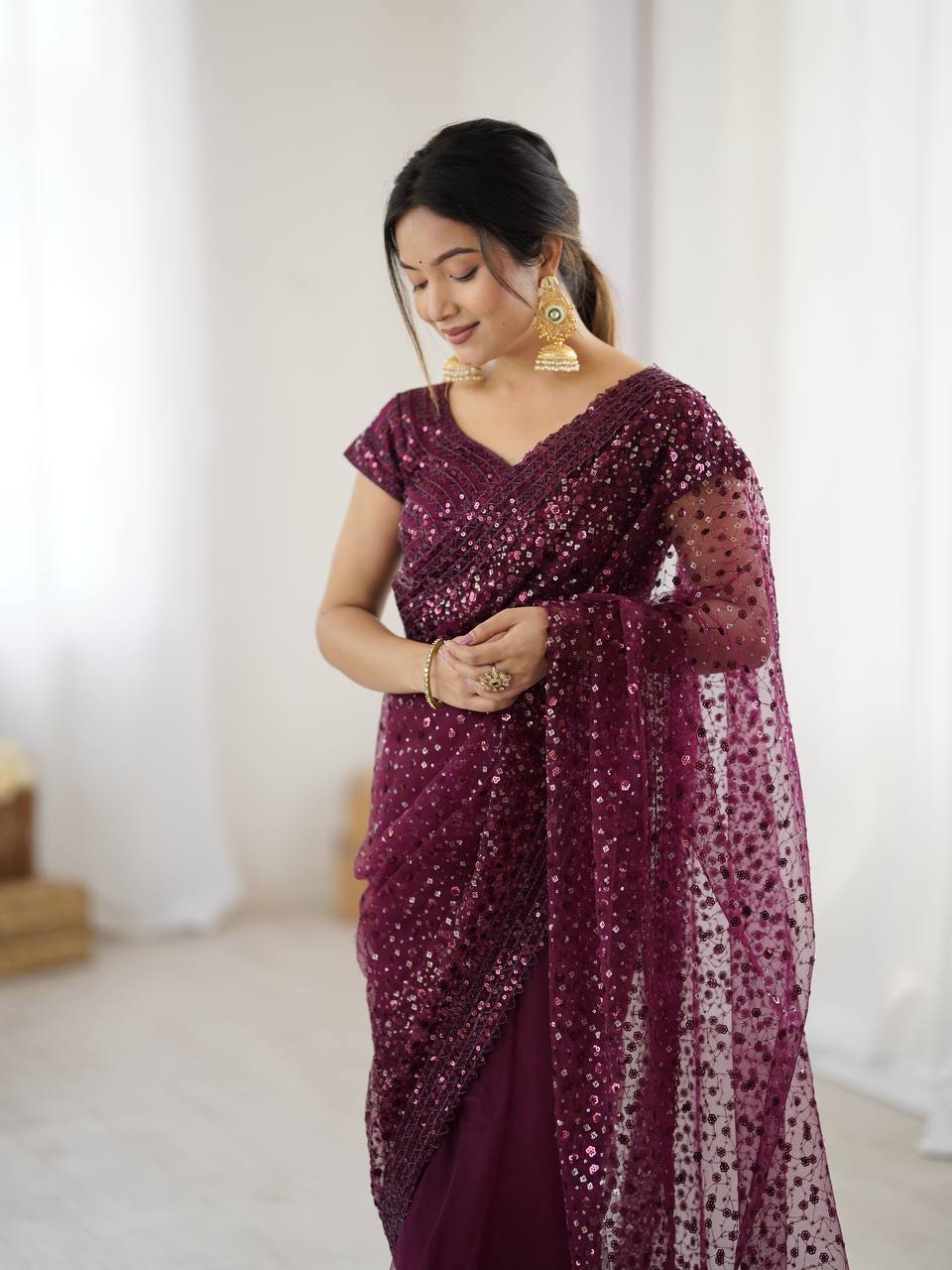 ✨ Glitter & Glamour Net Saree Set – Perfect for Festive & Party Looks ✨